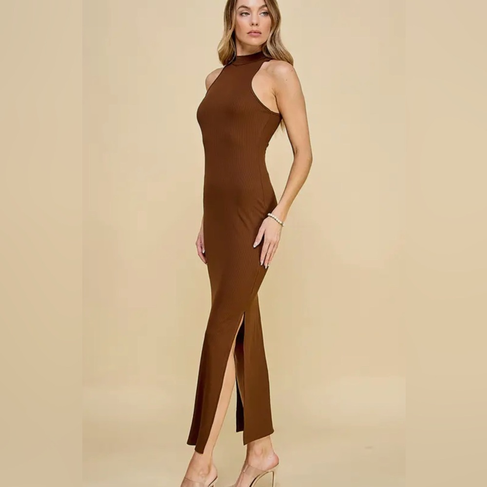 Heart & Hips, Brown Ribbed Mock Neck Maxi Dress, Size s m l